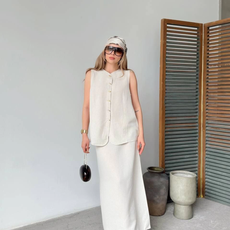 Keten Kolsuz Sıfır Yaka İlik Düğmeli Kolsuz Hırka Etek ikili Takım- Beyaz -