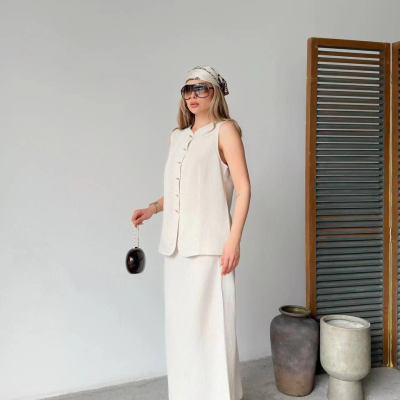 Keten Kolsuz Sıfır Yaka İlik Düğmeli Kolsuz Hırka Etek ikili Takım- Beyaz -