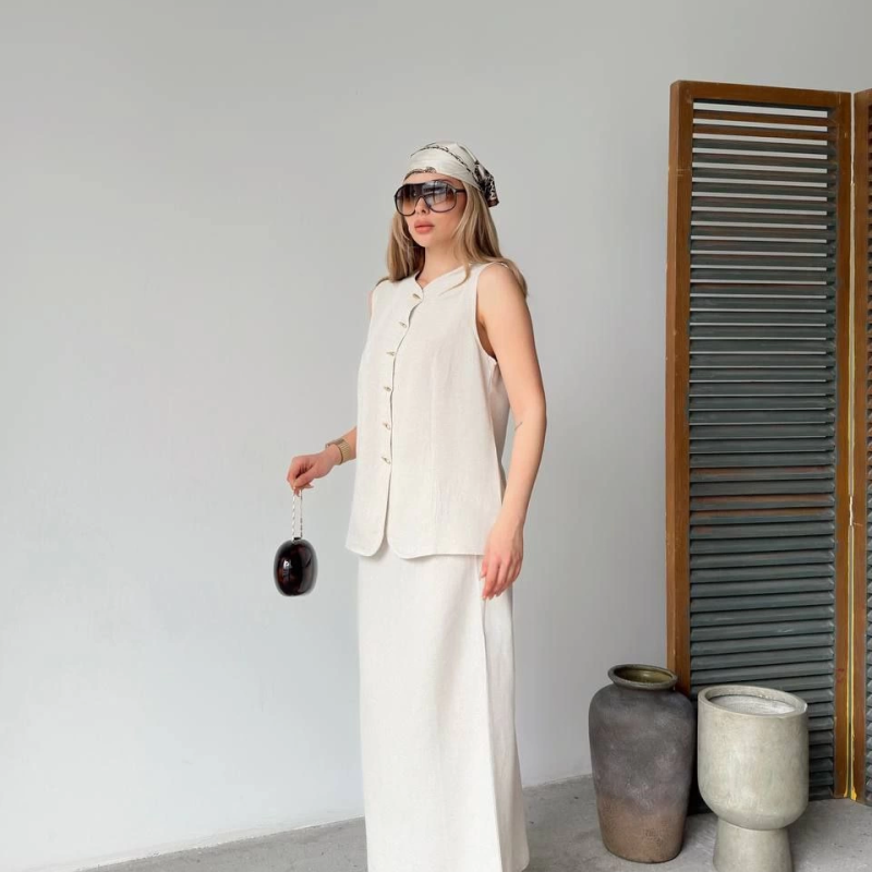 Keten Kolsuz Sıfır Yaka İlik Düğmeli Kolsuz Hırka Etek ikili Takım- Beyaz -