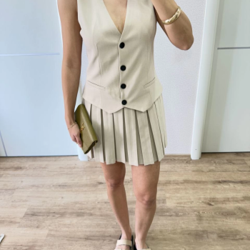 Keten Takım Görünümlü Düğme Detaylı Yelekli Mini Elbise - Bej -