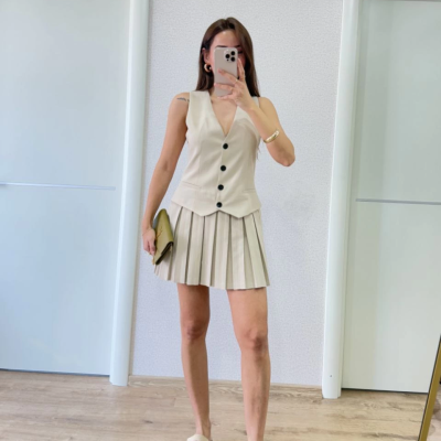 Keten Takım Görünümlü Düğme Detaylı Yelekli Mini Elbise - Bej -