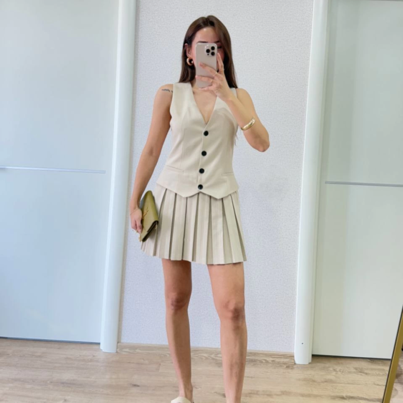 Keten Takım Görünümlü Düğme Detaylı Yelekli Mini Elbise - Bej -