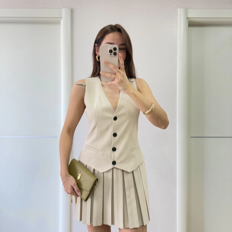 Keten Takım Görünümlü Düğme Detaylı Yelekli Mini Elbise - Bej -