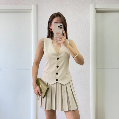 Keten Takım Görünümlü Düğme Detaylı Yelekli Mini Elbise - Bej -