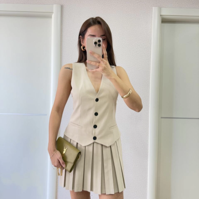 Keten Takım Görünümlü Düğme Detaylı Yelekli Mini Elbise - Bej -