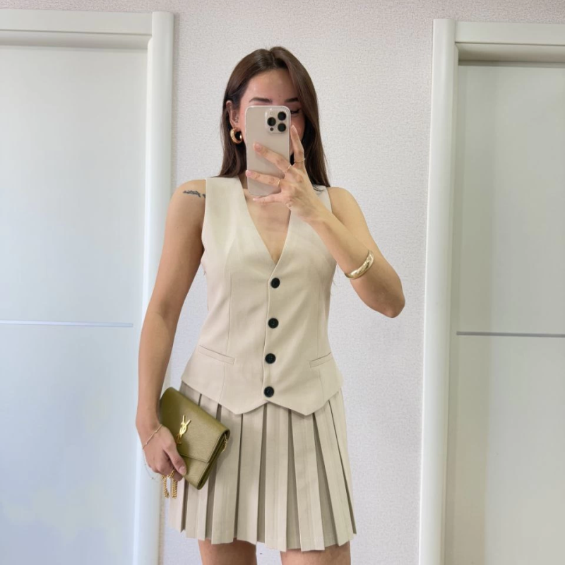 Keten Takım Görünümlü Düğme Detaylı Yelekli Mini Elbise - Bej -