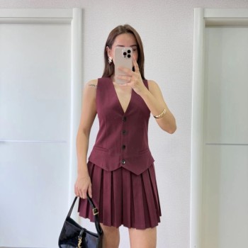 Keten Takım Görünümlü Düğme Detaylı Yelekli Mini Elbise - Bordo