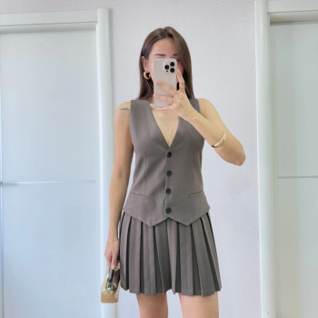 Keten Takım Görünümlü Düğme Detaylı Yelekli Mini Elbise - Füme -