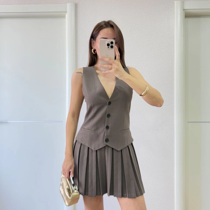 Keten Takım Görünümlü Düğme Detaylı Yelekli Mini Elbise - Füme -