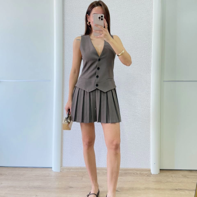 Keten Takım Görünümlü Düğme Detaylı Yelekli Mini Elbise - Füme -