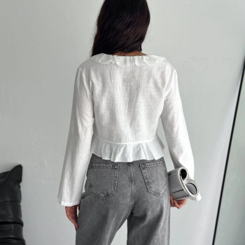 Keten Uzun Kol Bağacık Detaylı Bluz - Beyaz -