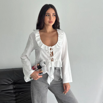 Keten Uzun Kol Bağacık Detaylı Bluz - Beyaz -