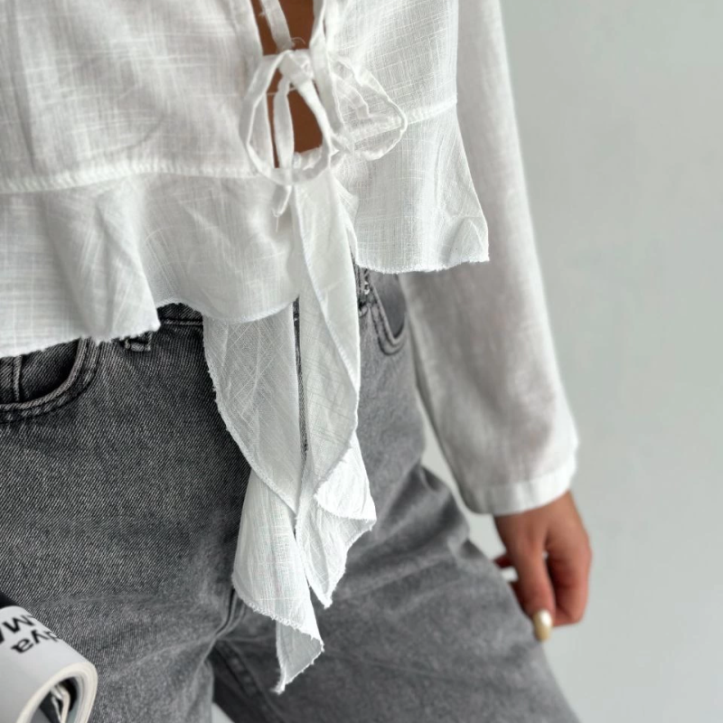 Keten Uzun Kol Bağacık Detaylı Bluz - Beyaz -