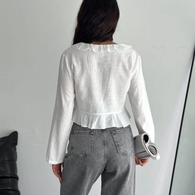 Keten Uzun Kol Bağacık Detaylı Bluz - Beyaz -