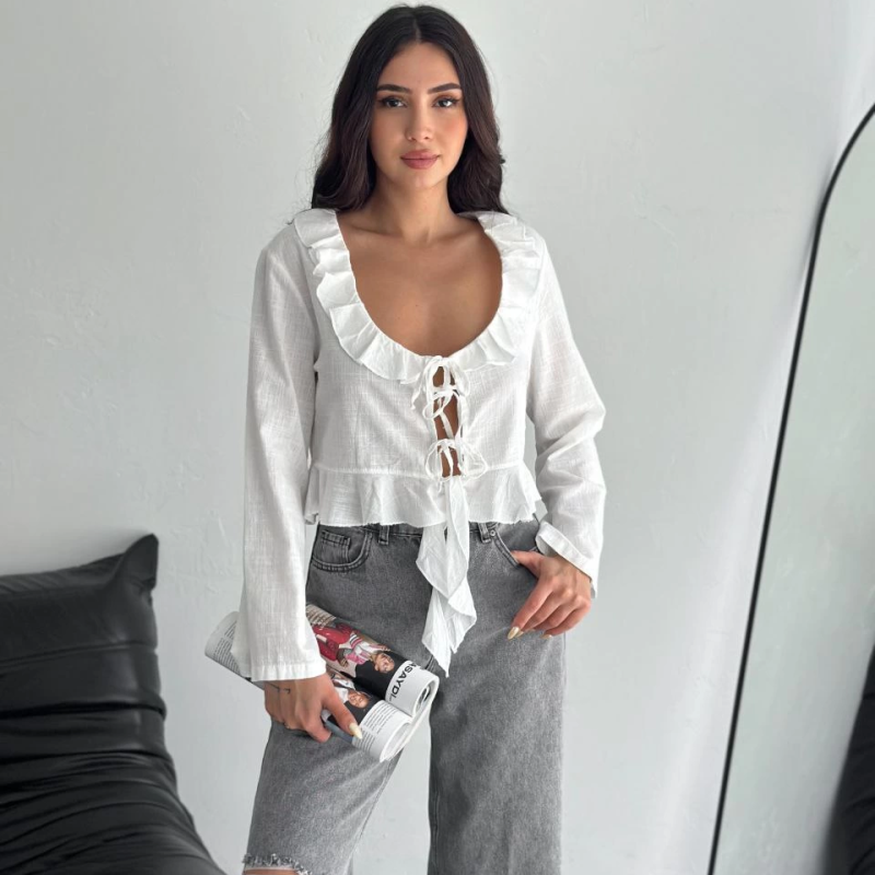 Keten Uzun Kol Bağacık Detaylı Bluz - Beyaz -