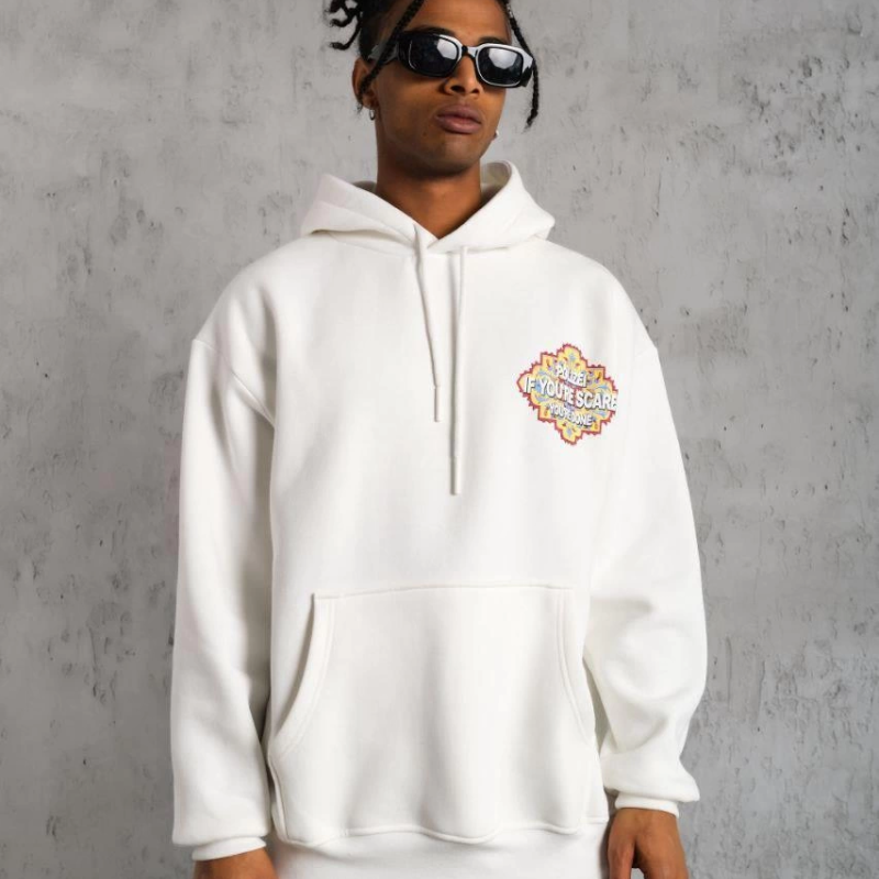 Kilim Desen Kapüşonlu Sweat- Beyaz