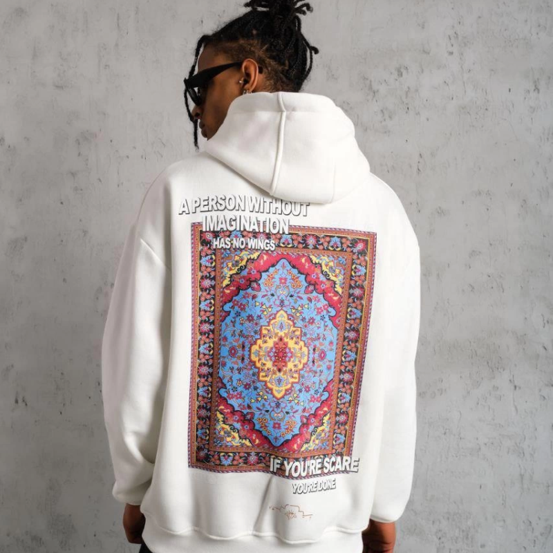 Kilim Desen Kapüşonlu Sweat- Beyaz