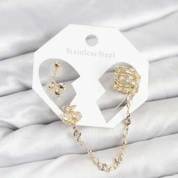 Kiraz Model Pirinç Gold Renk Zincir Bağlantılı Ear Cuff Küpe Seti