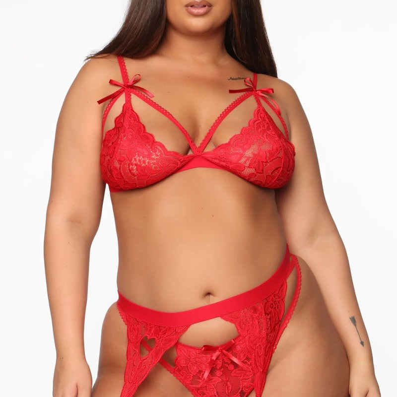 Kırmızı Dantelli Büyük Beden Jartiyer Takımı TM1300