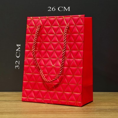 Kırmızı Geometrik Desenli Büyük Boy Karton Hediye Çantası