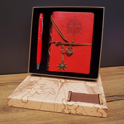 Kırmızı Pusula Tasarım Deri Defter Ve Touchpen Kalem Seti 