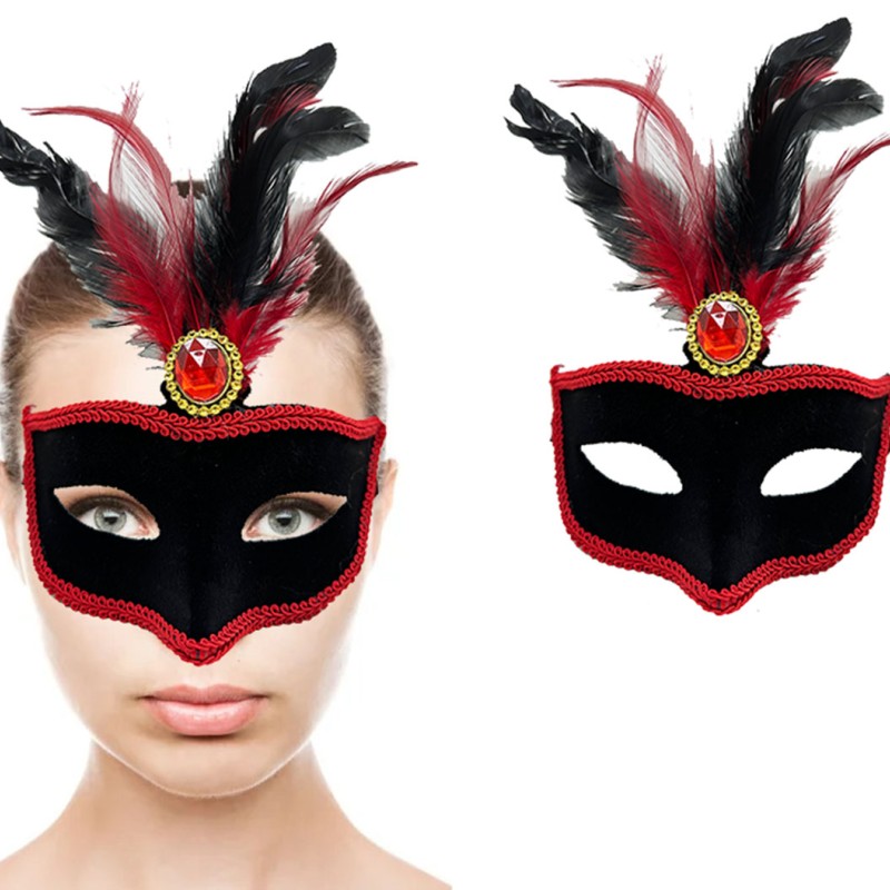 Kırmızı Tüylü Siyah Süet Kaplama Parti Maskesi