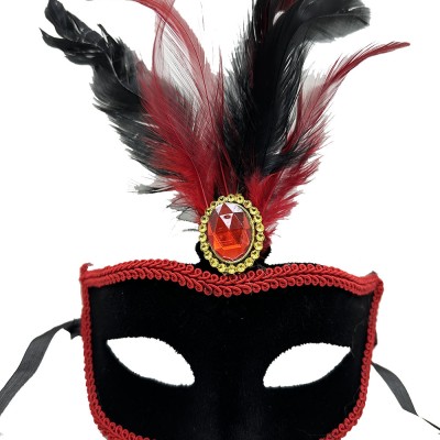 Kırmızı Tüylü Siyah Süet Kaplama Parti Maskesi