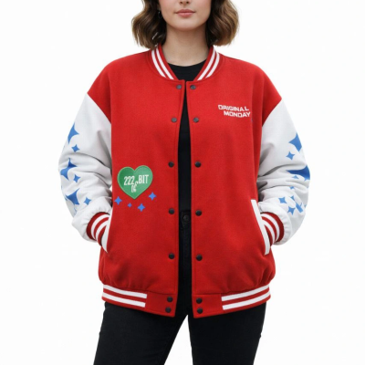 Kırmızı Varsity Çıtçıtlı Baskılı Oversize kalıp Kolej Ceket - Kırmızı