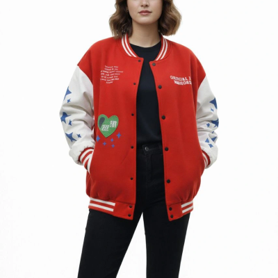 Kırmızı Varsity Çıtçıtlı Baskılı Oversize kalıp Kolej Ceket - Kırmızı