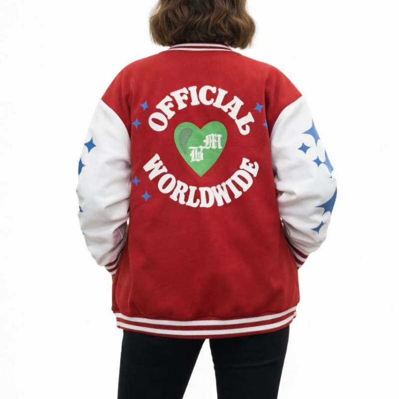 Kırmızı Varsity Çıtçıtlı Baskılı Oversize kalıp Kolej Ceket - Kırmızı