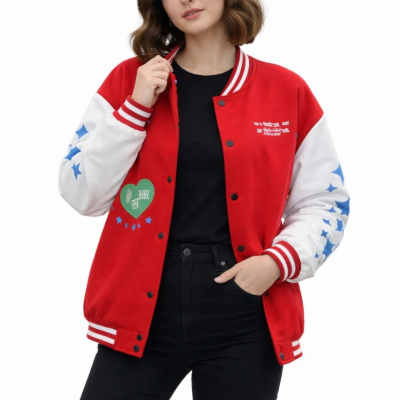 Kırmızı Varsity Çıtçıtlı Baskılı Oversize kalıp Kolej Ceket - Kırmızı