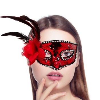 Kırmızı Yandan Tüylü Güllü Taşlı Pullu Maske