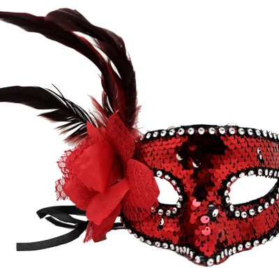 Kırmızı Yandan Tüylü Güllü Taşlı Pullu Maske