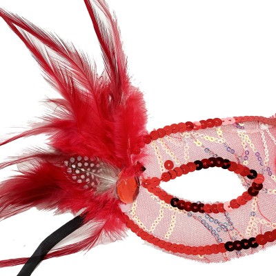 Kırmızı Yandan Tüylü Payetli Parti Maskesi