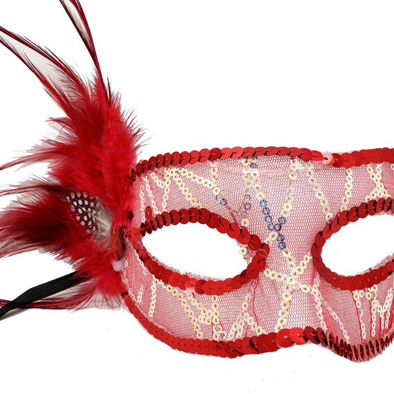 Kırmızı Yandan Tüylü Payetli Parti Maskesi