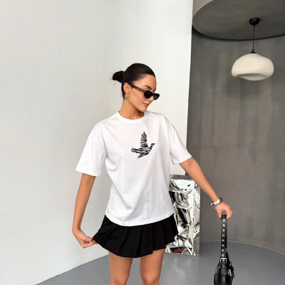 Kısa Kol Baskılı T-shirt - Beyaz -