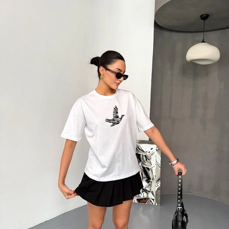 Kısa Kol Baskılı T-shirt - Beyaz -