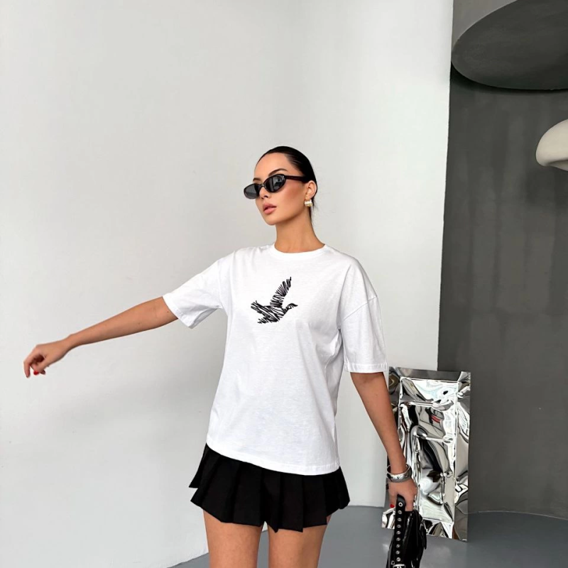 Kısa Kol Baskılı T-shirt - Beyaz -