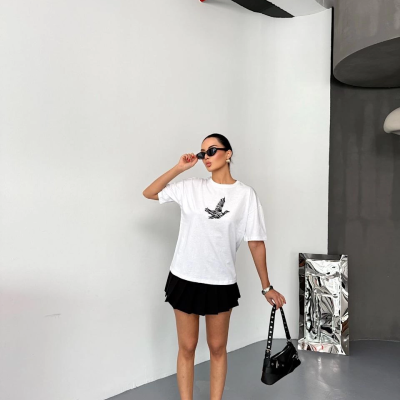 Kısa Kol Baskılı T-shirt - Beyaz -