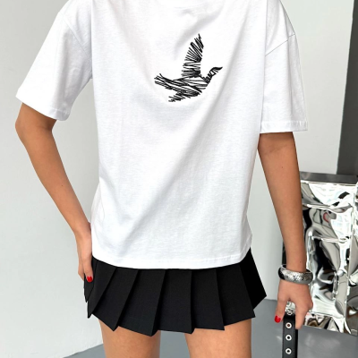 Kısa Kol Baskılı T-shirt - Beyaz -