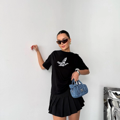 Kısa Kol Baskılı T-shirt - Siyah -