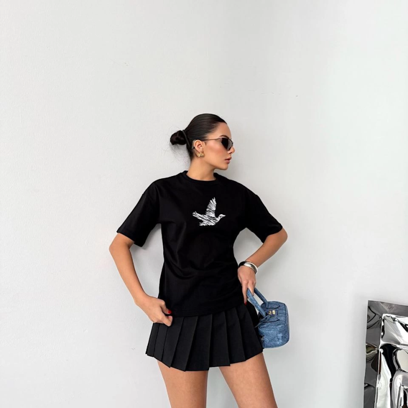 Kısa Kol Baskılı T-shirt - Siyah -