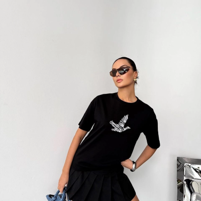 Kısa Kol Baskılı T-shirt - Siyah -