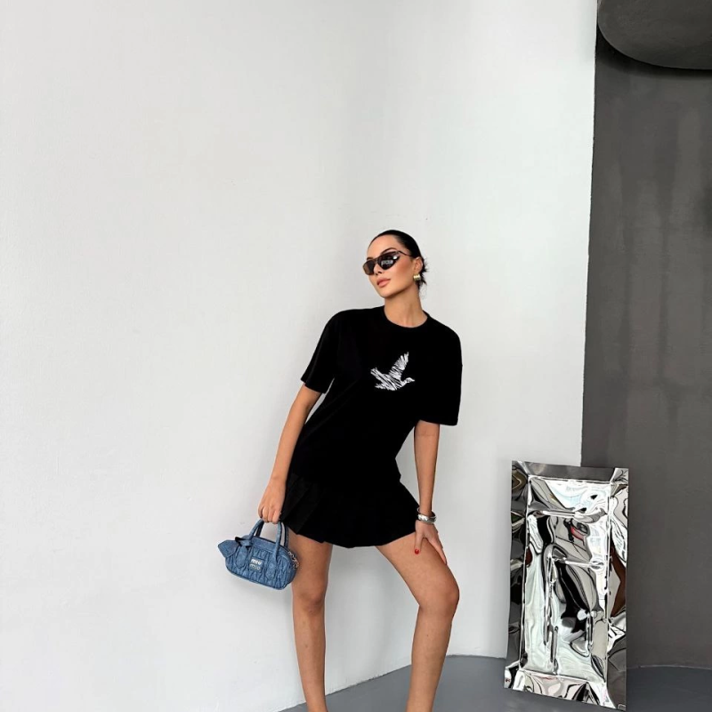 Kısa Kol Baskılı T-shirt - Siyah -