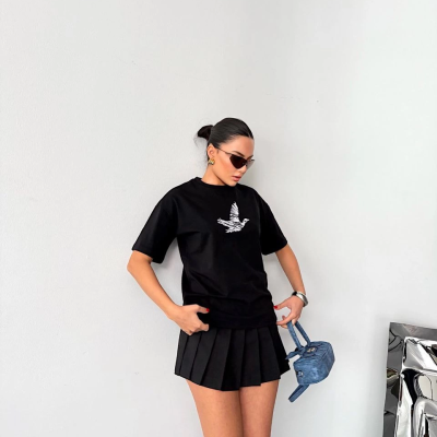 Kısa Kol Baskılı T-shirt - Siyah -