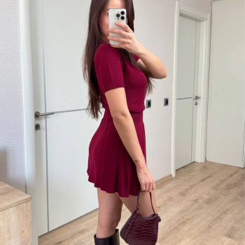 Kısa Kollu Bluz Mini Etekli ikili Takım Triko - Bordo -