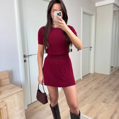 Kısa Kollu Bluz Mini Etekli ikili Takım Triko - Bordo -