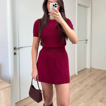 Kısa Kollu Bluz Mini Etekli ikili Takım Triko - Bordo -
