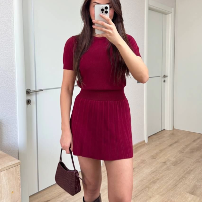Kısa Kollu Bluz Mini Etekli ikili Takım Triko - Bordo -