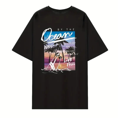 Kısa Kollu, Bol Kesim, Manzaralı Okyanus Baskı, Siyah -